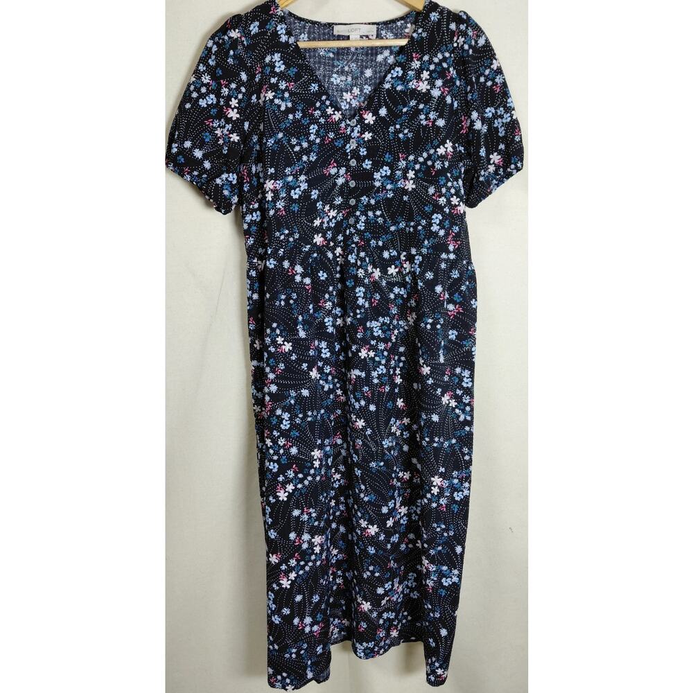 LOFT PETITES Floral Midi Dress Blue Short Sleeve V-Neck Women Size XSP